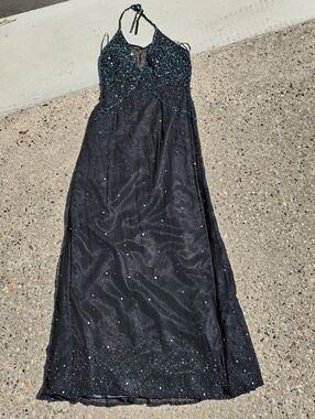 Scala 77335 womens 100% silk black sequined high halter backless dress Large